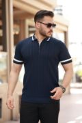Erkek Yaka Ve Kolları çizgi Detaylı Fermuarlı Kısa Kollu T-shirt resmi